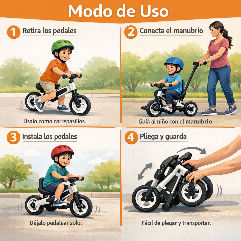 Triciclo Plegable 3 en 1 – Crece con Tu Niño de Correpasillos a Pedales en Segundos