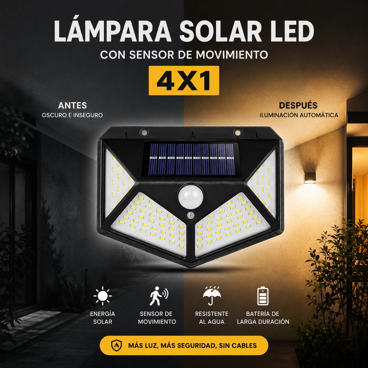 (4X1) SolGuard - Ilumina y Protege tu Hogar sin Cables