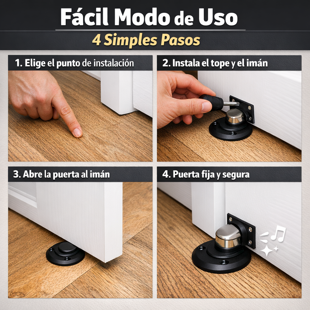 Tope de Puerta Magnético Negro - Fija sin Portazos - Protege tu pared al instante