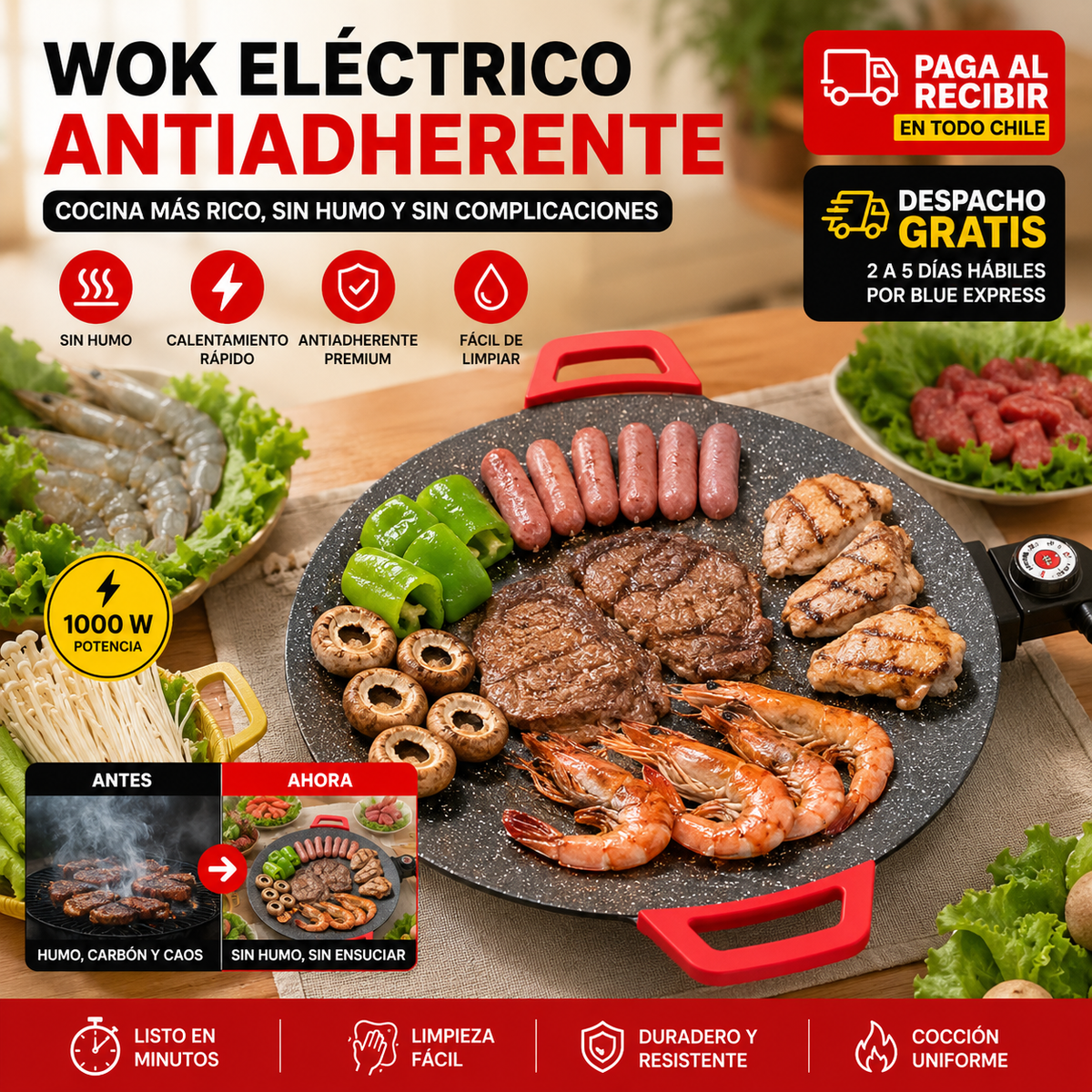 Sartén Eléctrico Parrilla – Cocina Sin Humo – Disfruta Asados en Minutos