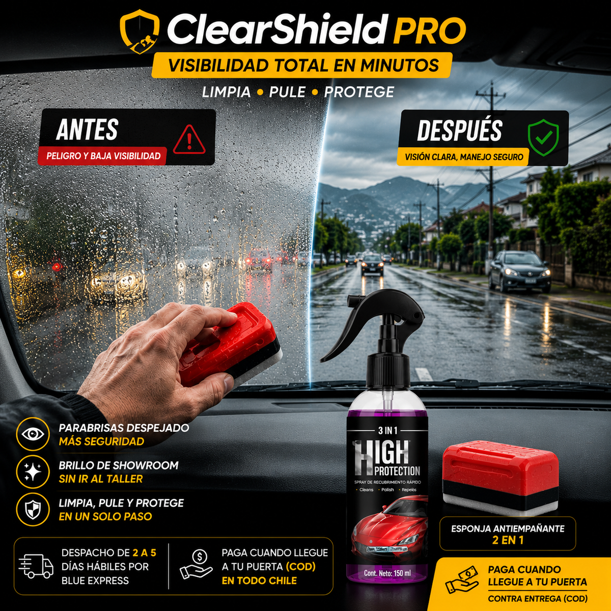 ClearShield Pro — Visibilidad y Brillo Total para tu Auto