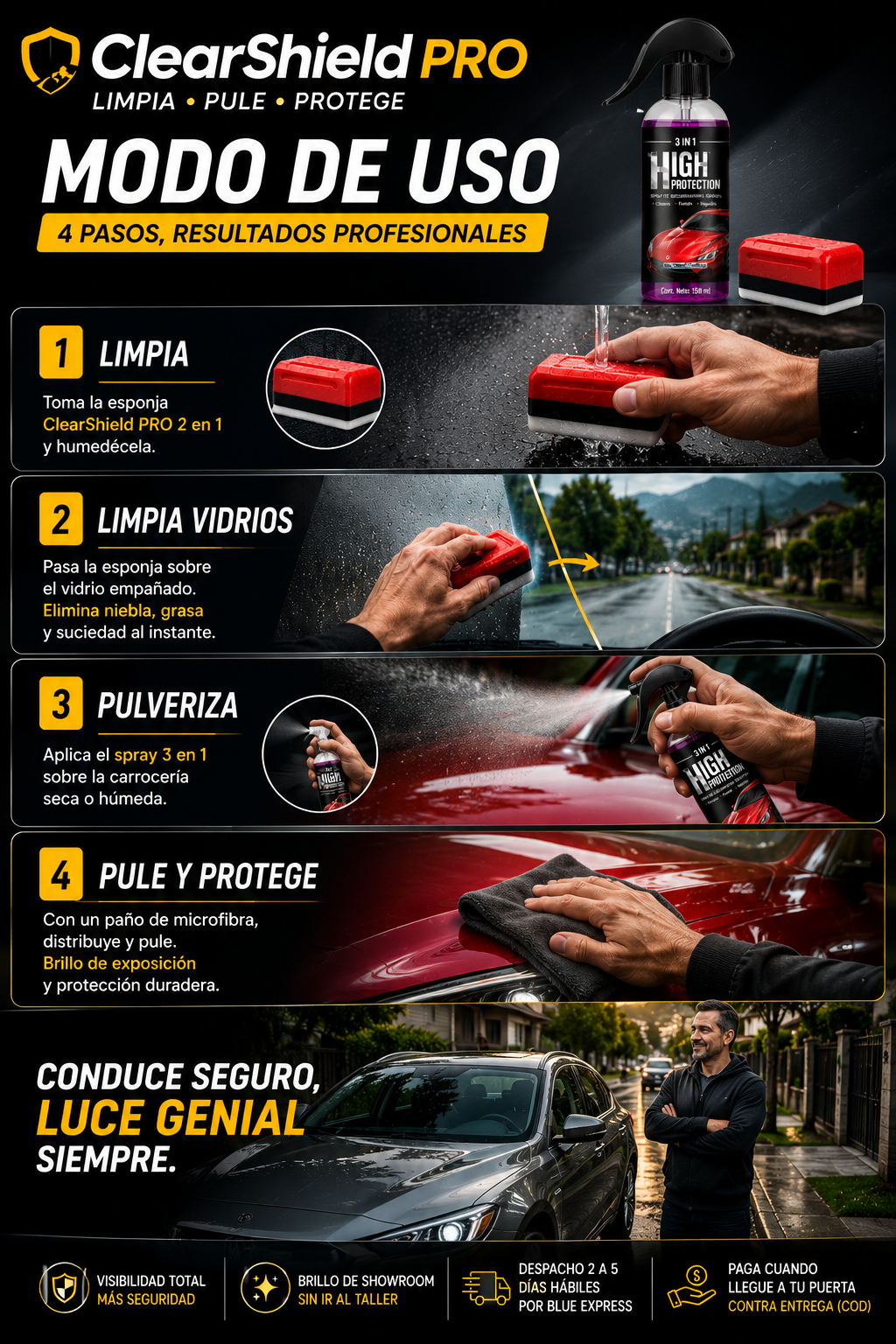 ClearShield Pro — Visibilidad y Brillo Total para tu Auto