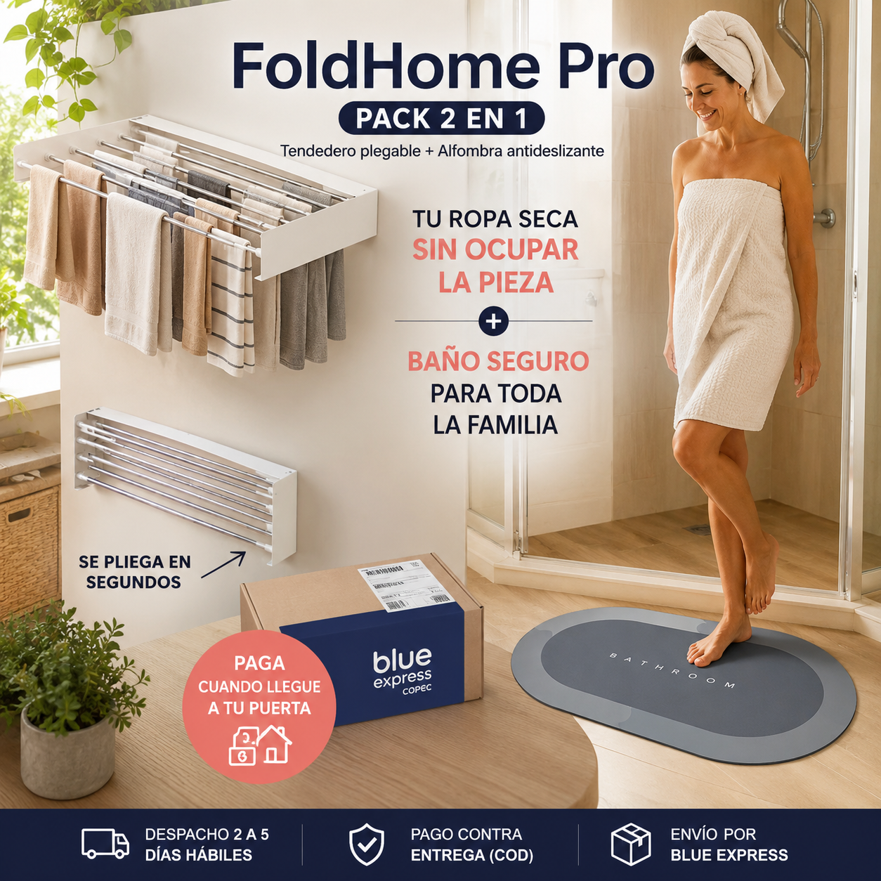 FoldHome Pro - Tu Ropa Seca y Tu Baño Seguro, Sin Ocupar Espacio