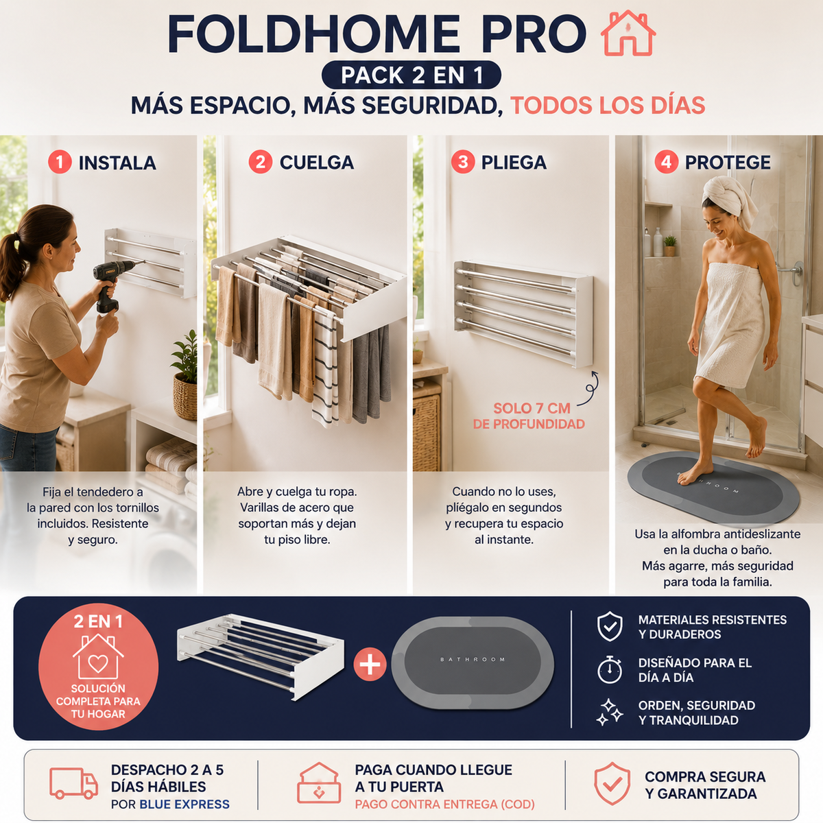 FoldHome Pro - Tu Ropa Seca y Tu Baño Seguro, Sin Ocupar Espacio