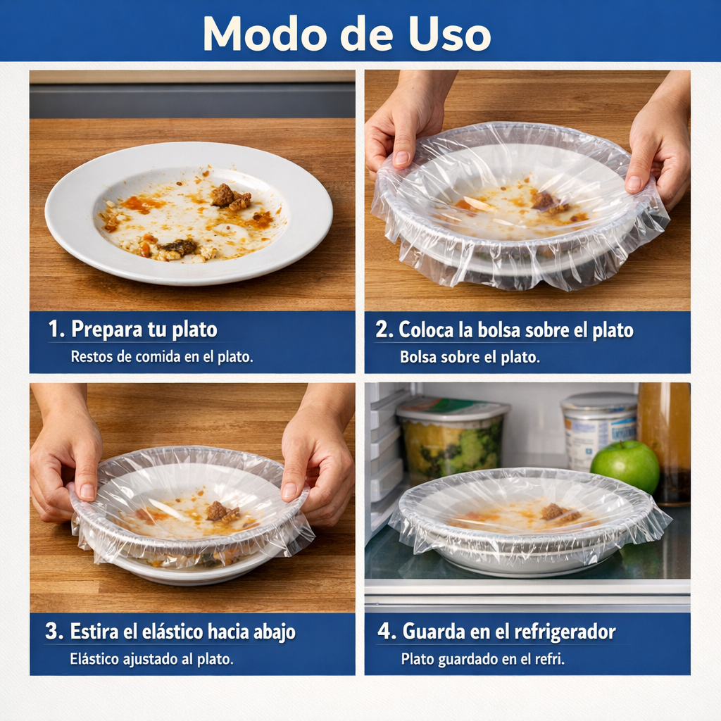 Bolsas Elásticas para Platos — Conserva tus comidas en segundos — Frescas, limpias y listas para el día siguiente