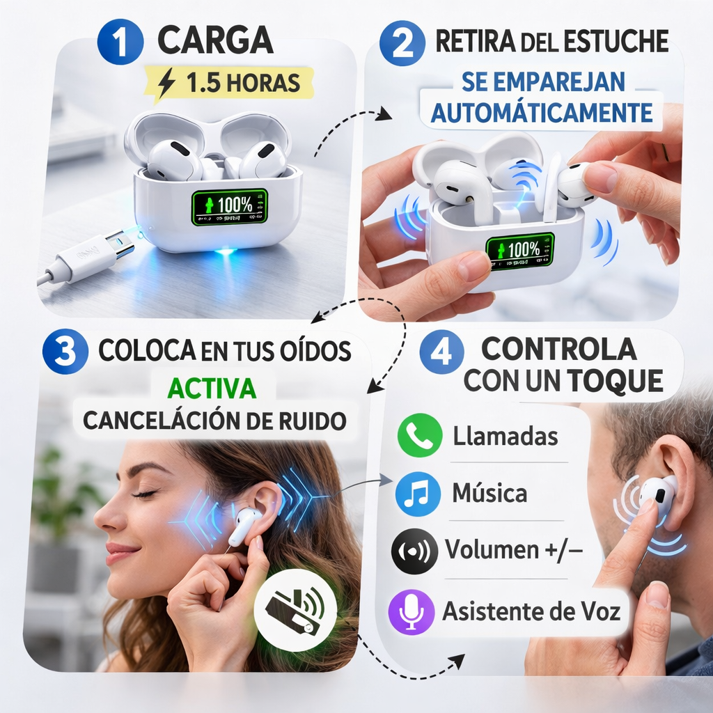 Audífonos Bluetooth A9 Pro - Control Táctil Inteligente - Disfruta 40 Horas sin Interrupciones