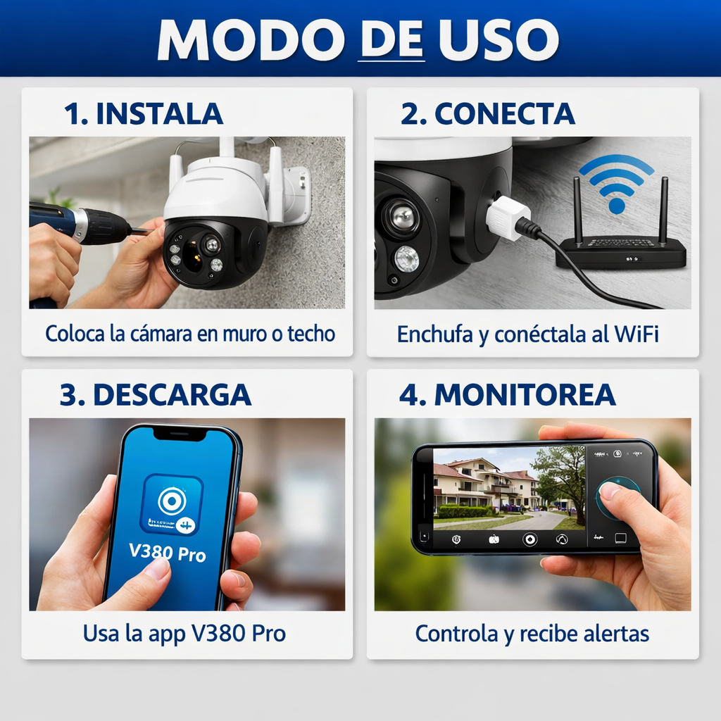 Cámara IP 360° WiFi - Seguimiento Inteligente - Protección Activa 24/7 desde el primer día
