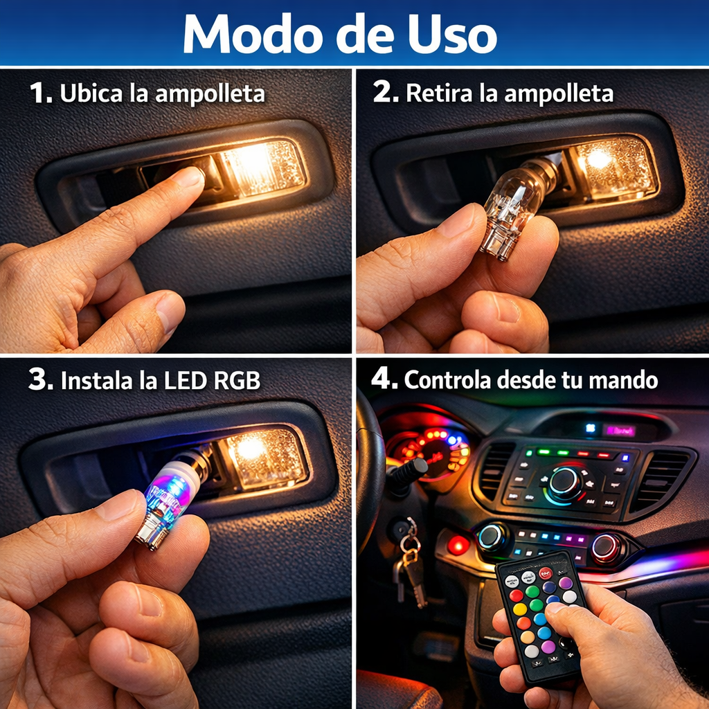 Ampolleta LED RGB T10 – Cambia el Color de Tu Auto con Control Remoto en Segundos
