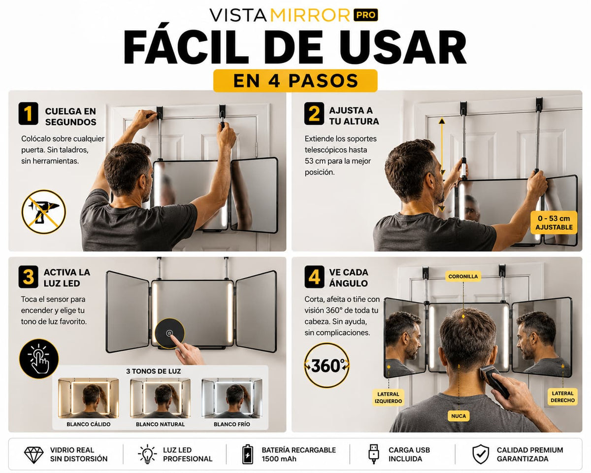 VistaMirror Pro — Ve cada ángulo de tu cabello sin ir al peluquero